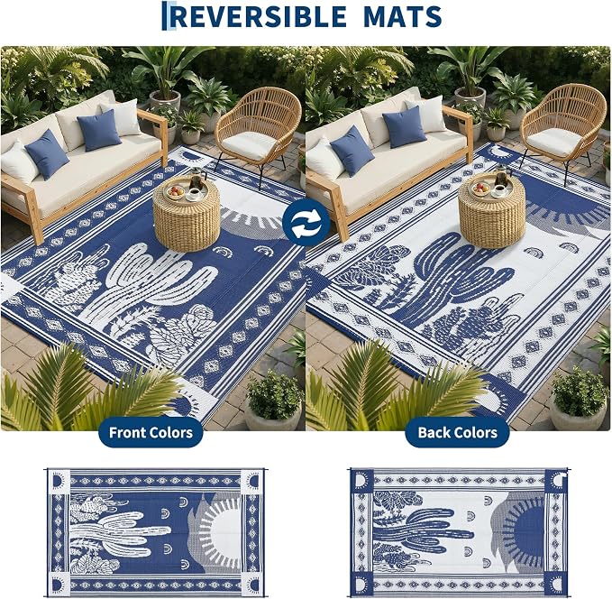 Garvee Reversible Cactus Outdoor Rug 8x10 for Patio, Waterproof Outdoor Area Rug, Modern Desert Botanical Indoor Outdoor Rugs, Plastic Straw Rug for RV, Camping, Deck, Navy Blue & Beige