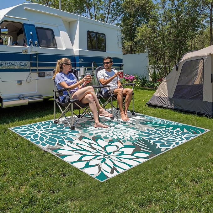 Colorful 5x8 Outdoor Area Rug Washable Multicolored Patio Rug Tropical Botanical Floral Chenille Waterproof Outdoor Carpet for Living Room, Deck, Backyard, Porch, Teal