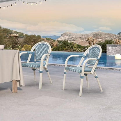 PURPLE LEAF French Bistro Chairs Set of 2 Hand-Woven Wicker Armchairs Outdoor Dining Chairs for Kitchen Porch Garden White Print Finish Light Blue