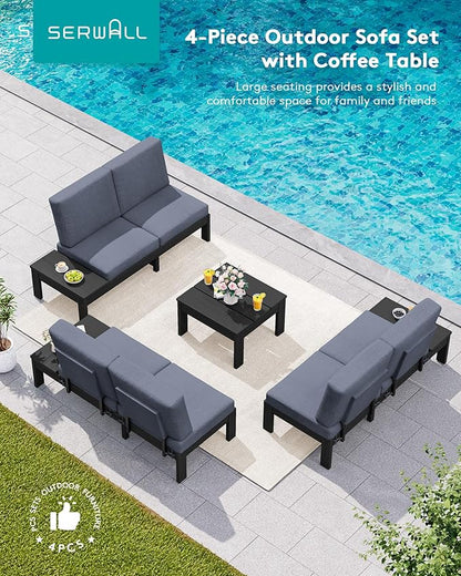SERWALL HDPE Patio Furniture Set with 15FT Double Side Patio Umbrella, Outdoor Sofa Set, Seats 6, Modular Sectional Couch for Patio, Garden, Backyard, Black Frame with Grey Cushion