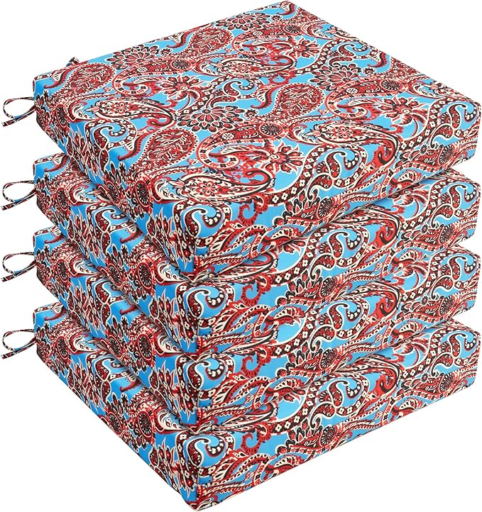 UNIKOME Outdoor Chair Cushions Pack of 4, Water Resistant Patio Cushions with Ties, High Density Sponge Filling Square Corner Seat Cushions for Outdoor Furniture, 19"*19"*3", Brown Paisley