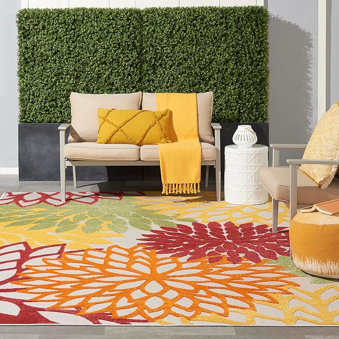 Nourison Aloha Indoor/Outdoor Red Multi Colored 7'10" x 10'6" Area Rug, Tropical, Botanical, Easy Cleaning, Non Shedding, Bed Room, Living Room, Dining Room, Deck, Backyard, Patio (8x10)