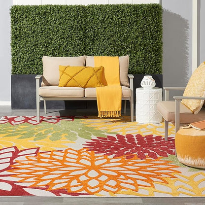 Nourison Aloha Indoor/Outdoor Red Multi Colored 7'10" x 10'6" Area Rug, Tropical, Botanical, Easy Cleaning, Non Shedding, Bed Room, Living Room, Dining Room, Deck, Backyard, Patio (8x10)