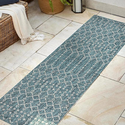 JONATHAN Y Moroccan Geometric Indoor Outdoor Runner Rug 2X8 Teal/Gray, Ourika Textured Weave for Backyard, Patio, Porch, Easy-Cleaning, High Traffic, Pet-Friendly, Non-Shedding (SMB108C-28)