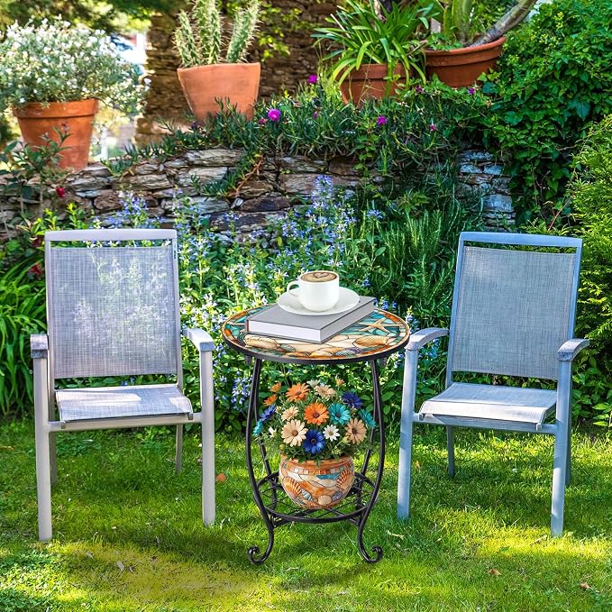 Cinnvoice Outdoor Side Table Round Small Mosaic Patio Accent Indoor End Plant Coffee Tea Table for Yard Patio Porch Garden Living Room, Bedroom(Beach Starfish Style,14 Inch)