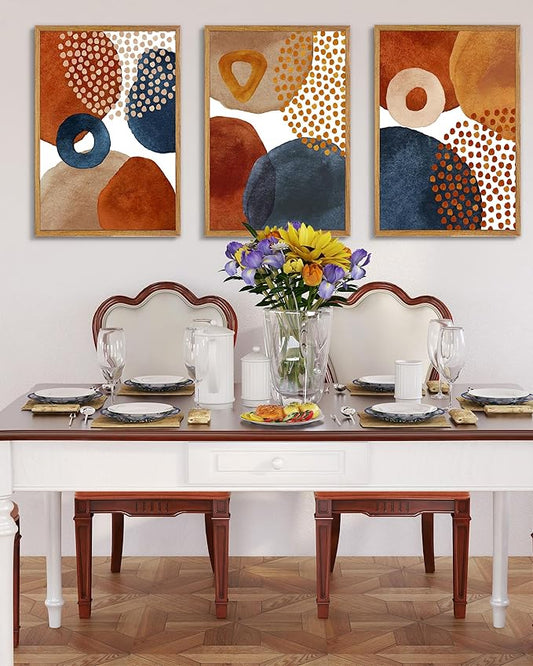 UPWOIGH Large Framed Canvas Wall Art, Set of 3 Watercolor Decor in Navy Blue, Terracotta, Burnt Orange, Beige, 16x24in Minimalist Natural Cotton Posters, Boho Modern Aesthetic for Living Room, Bedroom