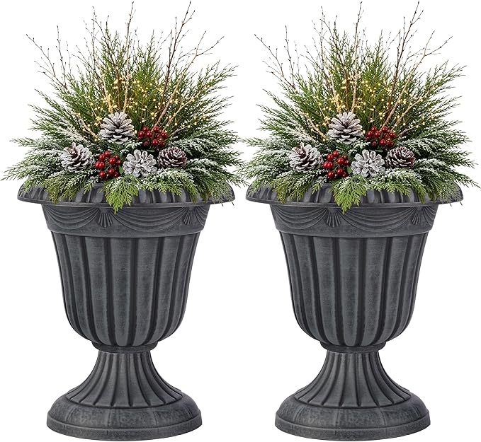 Outdoor Planter 2-Pack - 16x18-Inch Urn Planters for Front Porch Decor, Indoors, Patio or Entryway - Plastic Plant Pots - Large Decorative Flower Pots by Pure Garden (Stone Gray)