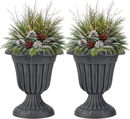 Outdoor Planter 2-Pack - 16x18-Inch Urn Planters for Front Porch Decor, Indoors, Patio or Entryway - Plastic Plant Pots - Large Decorative Flower Pots by Pure Garden (Stone Gray)