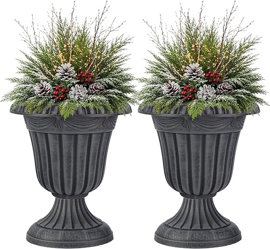 Outdoor Planter 2-Pack - 16x18-Inch Urn Planters for Front Porch Decor, Indoors, Patio or Entryway - Plastic Plant Pots - Large Decorative Flower Pots by Pure Garden (Stone Gray)