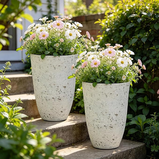 19.5" Resin Tall Planters for Outdoor Plants, Set of 2 Country White Large Flower Pots with Handmade Birch Bark Texture, Heavy-Duty and Weather-Resistant for Year Round Indoor Outdoor use