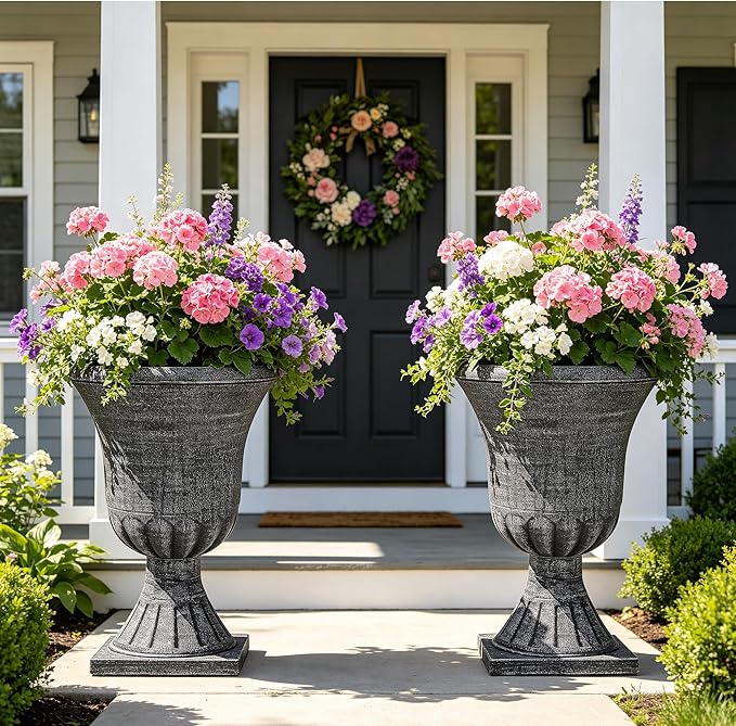 22" Timeless Urn Planters for Outdoor Plants, Set of 2 Plastic Large Flower Pot with Handmade Washed Black Finish, Weather-Resistant for Porch, Garden, Patio or Indoor Use