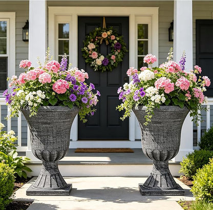22" Timeless Urn Planters for Outdoor Plants, Set of 2 Plastic Large Flower Pot with Handmade Washed Black Finish, Weather-Resistant for Porch, Garden, Patio or Indoor Use