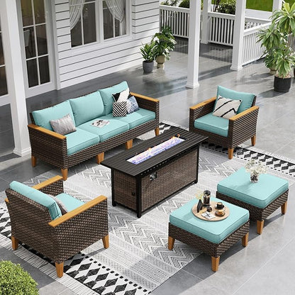 Sophia & William Patio Furniture Set with Fire Pit Table, 8 Piece Outdoor Wicker Conversation Set, Large Rattan Sectional Sofa with Ottoman & 56" Fire Pit Table(Aqua Blue)