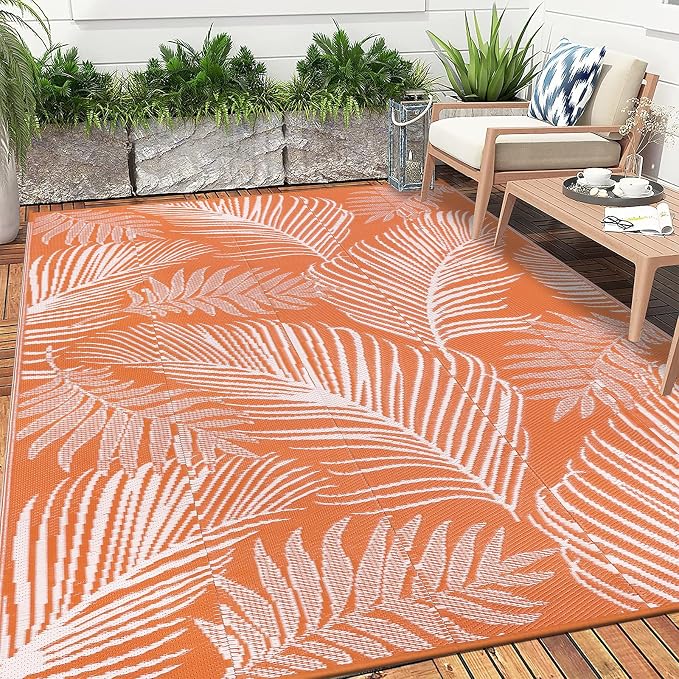 Pauwer Waterproof Outdoor Rug 8x10, Reversible Plastic Straw Patio Camping Rug, Indoor Outdoor RV Mat Carpet for Deck, Camper, Porch, Balcony, Backyard, Picnic, Leaf Orange