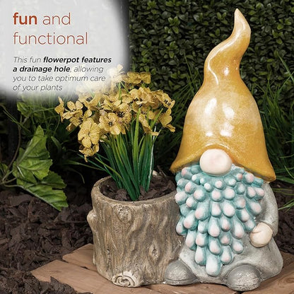 Alpine Corporation 16" Tall Outdoor Yellow Hat Gnome Statue with Drainage Hole Planter, Weatherproof Garden Decor