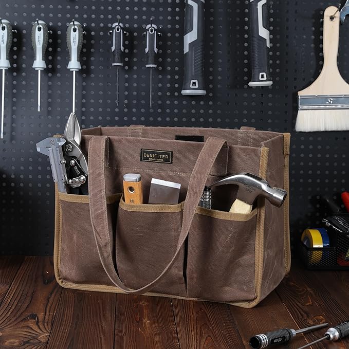Heavy Duty 16 oz Waxed Canvas Tool Bag, Water Resistant Utility Tools Organizer Bag with Handle | 12.5" x 6.5" x 9.5"
