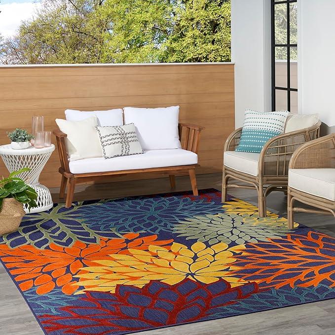 Nourison Home Aloha Indoor/Outdoor Modern Navy Multicolor 9' x 12' Area Rug, Easy Cleaning, Non Shedding, Bed Room, Living Room, Dining Room, Backyard, Deck, Patio (9x12)
