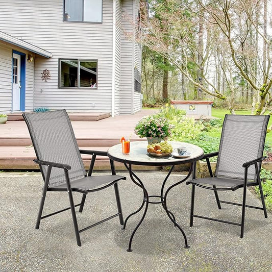 Tangkula Set of 2 Patio Folding Chairs, Outdoor Fabric Dining Chairs with High Back & Armrests, Sturdy Metal Frame for Patio Lawn Garden (Grey)