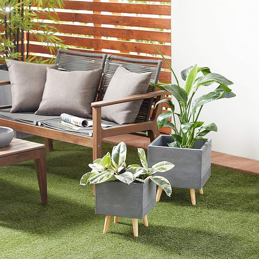 Deco 79 Set of 2 Grey Polystone Contemporary Planter 13, 15 Inches