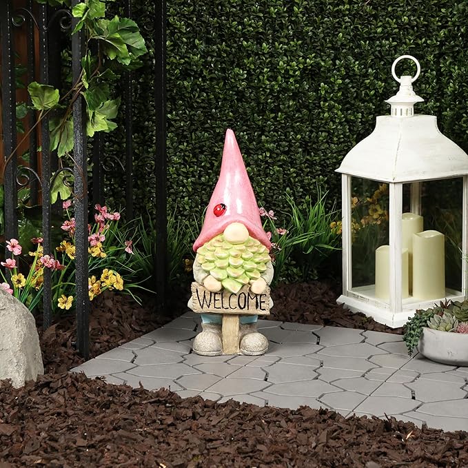 Alpine Corporation QWR1466 Gnome with Red Hat Holding “Welcome” Sign, Stylish Décor for Garden, Patio, & Pathway, 19" H, Multicolor