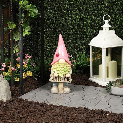 Alpine Corporation QWR1466 Gnome with Red Hat Holding “Welcome” Sign, Stylish Décor for Garden, Patio, & Pathway, 19" H, Multicolor
