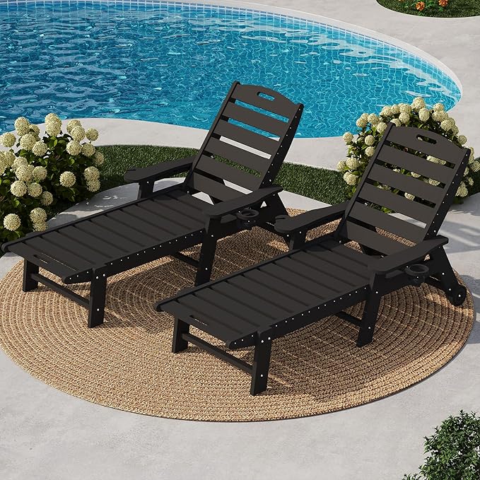 PeakPursuit Patio HDPE Chaise Lounge with Rolling Wheels, Oversize 5-Position Lounge Chair with Cup Holder, Resin Pool Lounger Chair for Outside