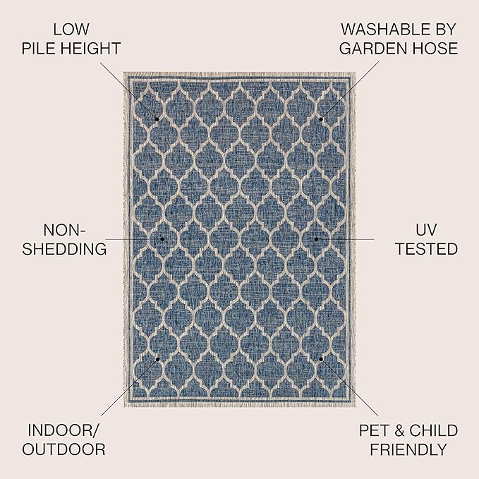 JONATHAN Y Moroccan Trellis Indoor Outdoor Square Area Rug 5X5 Navy/Gray, Trebol Textured Weave for Backyard, Patio, Porch, Easy-Cleaning, High Traffic, Pet-Friendly, Non-Shedding (SMB109D-5SQ)