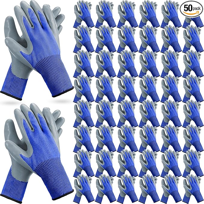 Jexine 50 Pairs Gardening Work Gloves Bulk for Men Women Breathable Rubber Coated Garden Dipped Gripping Outdoor Working Gloves for Construction