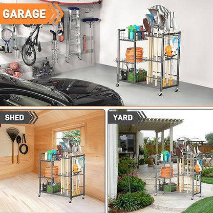 TORACK Garden Tool Stand with Wheels, Rakes Shovels Holder Yard Tools Organizer for Garage, Garden, Shed Indoor/Outdoor Long-Handled Tools Cart(Tool stand with side shelves)