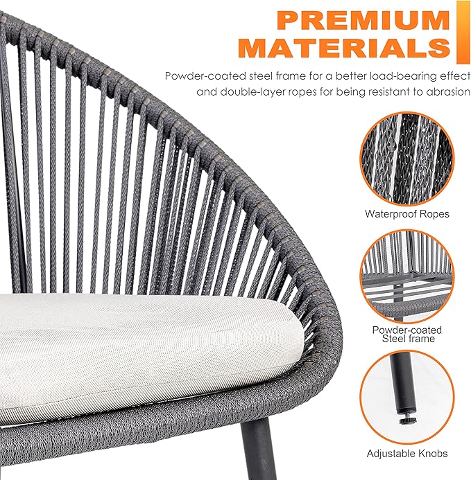 NUU GARDEN 3 Piece Outdoor Bistro Set, Woven Rope Conversation Patio Set, All Weather Patio Furniture Chairs and Table with Cushions for Garden, Deck, Backyard, Balcony, Porch, Dark Gray