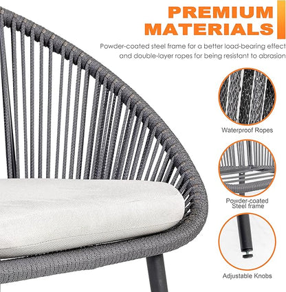 NUU GARDEN 3 Piece Outdoor Bistro Set, Woven Rope Conversation Patio Set, All Weather Patio Furniture Chairs and Table with Cushions for Garden, Deck, Backyard, Balcony, Porch, Dark Gray