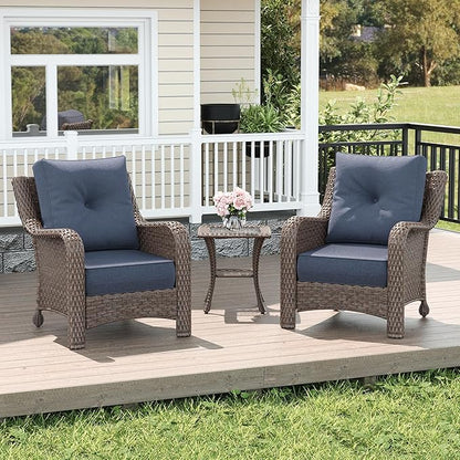 LayinSun 3 Piece Wicker Outdoor Furniture Set with 6-inch Comfy Cushions, High Back Patio Furniture Set with Rattan Armchairs and Side Table