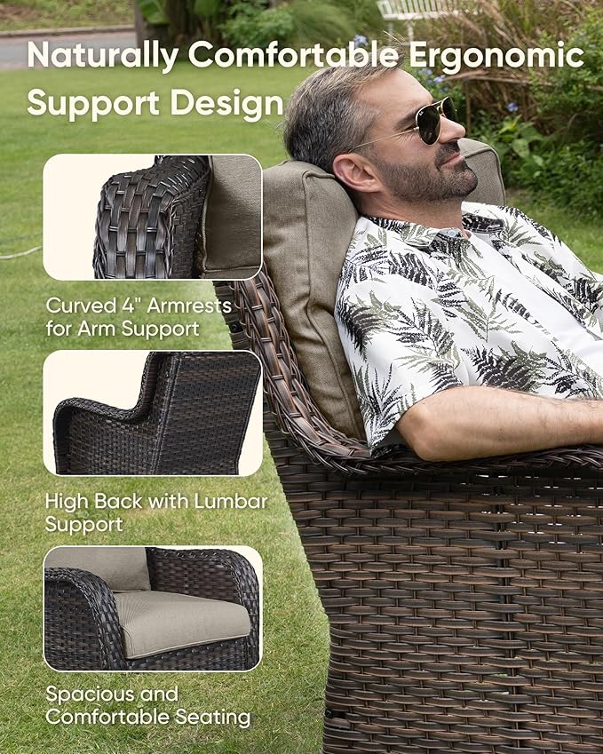 HUMMUH 5 Piece Outdoor Patio Furniture Set Wicker Conversation Bistro Set Swivel Rocking Chairs with Side Table and Ottomans for Backyard, Porch, Balcony