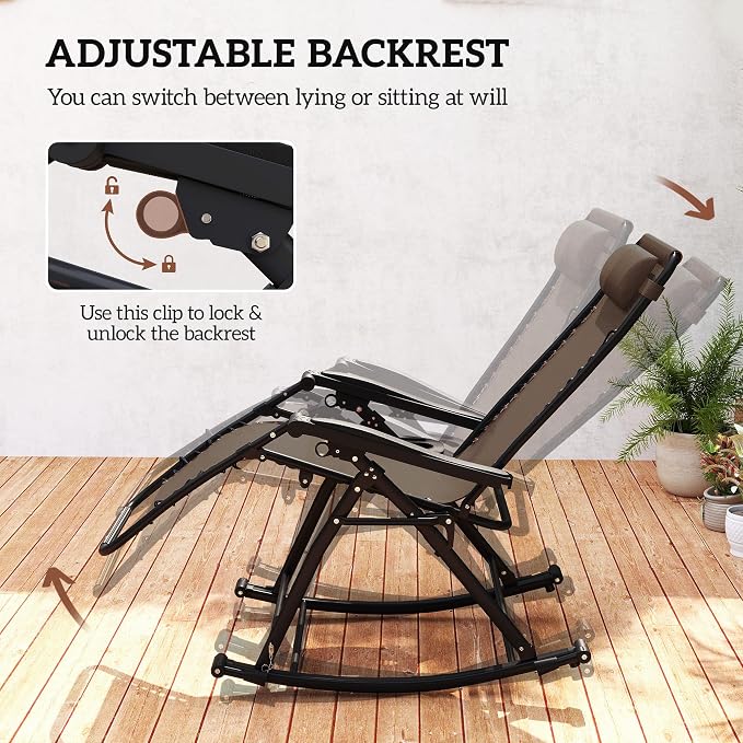 Outsunny Outdoor Rocking Chairs, Foldable Reclining Zero Gravity Lounge Rocker with Pillow, Cup & Phone Holder, Combo Design with Folding Legs, Brown