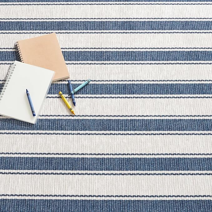 Dash & Albert Awning Stripe Blue Machine Washable Rug, 7.5 X 9.5 Feet, Blue Stripe Pattern