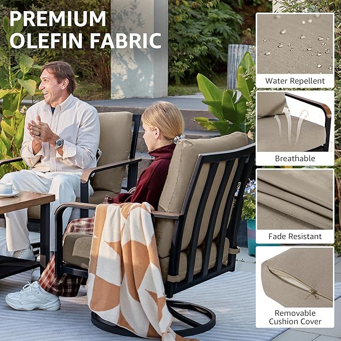 NATURAL EXPRESSIONS 5 Piece Patio Furniture Set, Outdoor Conversation with 4 Pcs Swivel Rocking Chairs and 27" Double-Layer Coffee Table 6" Thick Cushions for Balcony, Backyard, Deck, Porch (Shale)