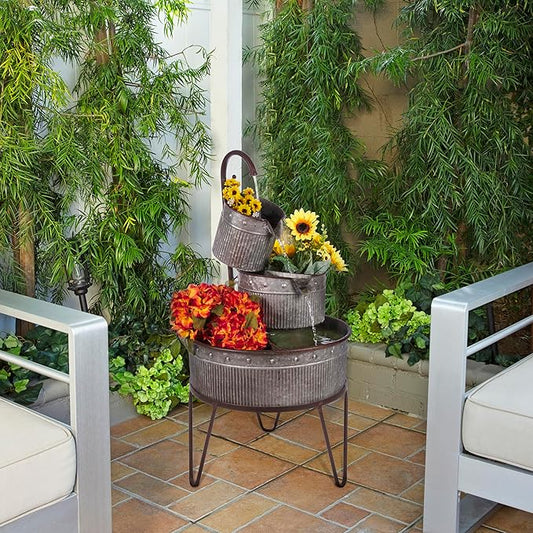 Alpine Corporation YHL684 33" Outdoor Floor 3-Tier Vintage Tubs and Planters Fountain, Rustic Metal Cascading Waterfall Feature for Gardens, Patios, and Yards, Silver