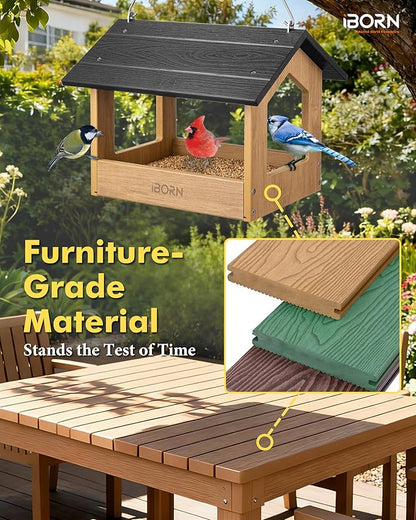 iBorn Pavilion Bird Feeder, Covered Platform Bird Feeder for Outdoors Hanging, WPC Recycled Plastic & Waterproof, Black