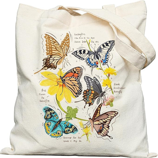 Canvas Tote Bag with Aesthetic Prints, Cute Tote Bag for Women Girls with Wide Strap, Gifts for Cat Book Lovers