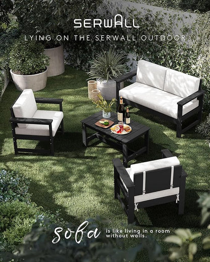 SERWALL 2 Pieces Single Cushioned Sofa Armchair, Black HDPE Adirondack Outdoor Sofa Lounge with Khaki Cushion