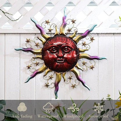 TERESA'S COLLECTIONS Outdoor Sun Metal Wall Art for Outdoor Decor,25" Red Sun Face 3D Wall Decor for Garden Decor,Rustic Retro Hanging Sculpture for Outside indoor Home Patio Farmhouse Gifts for Mom