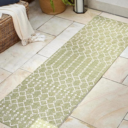 JONATHAN Y Moroccan Geometric Indoor Outdoor Runner Rug 2X8 Light Green/Cream, Ourika Textured Weave for Backyard, Patio, Porch, Easy-Cleaning, High Traffic, Pet-Friendly, Non-Shedding SMB108N-28