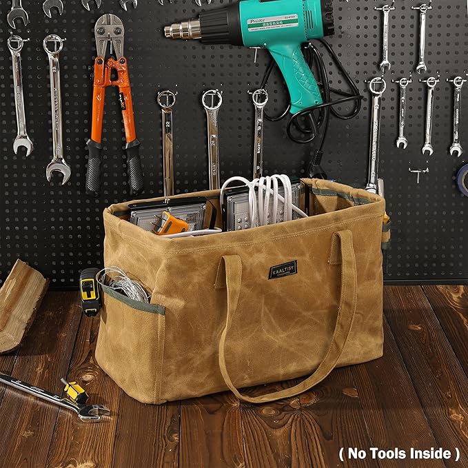 Open Top Tool Bag, Heavy Duty 16oz Waxed Canvas Tool Bag with Inside Pockets & Sturdy Handles - for Gardner Carpenter Craftsman - Tool Tote Bag Pouch | 15"Lx7"Wx10"H | Khaki