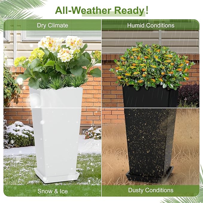 24-Inch Tall Planters Set of 2 for Outdoor and Indoor Use, Tapered Flower Pots with Drainage Tray, Front Porch and Patio Decor, Ideal for Large Plants – Black