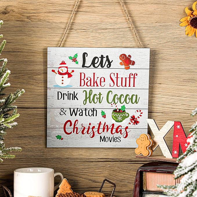 Blulu Christmas Hanging Wooden Sign Christmas Coffee Bar Decor Wood Candy Cane Hot Cocoa Sign Door Hanging Plaque for Xmas Winter Holiday Kitchen Home Wall Decoration(Classic)