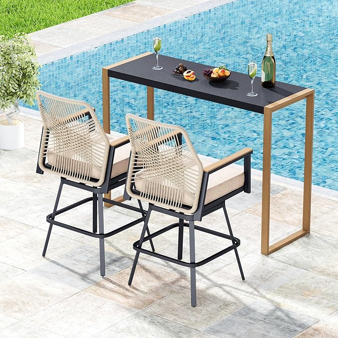 3 Piece Outdoor Bar Set, Swivel Counter Height Bar Stools with 40" Table, Wicker High Top Outdoor Table and Chairs with Cushion, Patio Barstool Set for Porch, Pool and Deck, Beige
