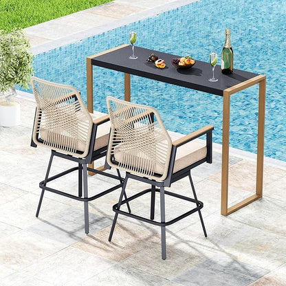 3 Piece Outdoor Bar Set, Swivel Counter Height Bar Stools with 40" Table, Wicker High Top Outdoor Table and Chairs with Cushion, Patio Barstool Set for Porch, Pool and Deck, Beige