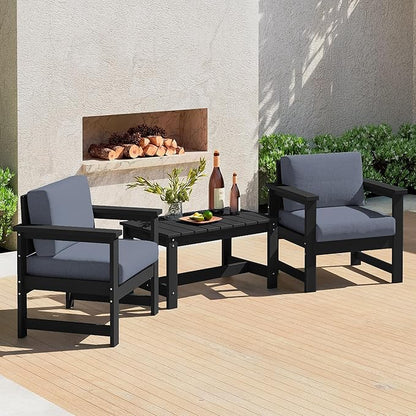 SERWALL 3 Pieces HDPE Outdoor Sofa Bistro Set with Cushions, Outdoor Furniture Sofa Sets with Coffee Table and Cushions, All Weather Conversation Social Set, Black Frame and Grey Cushion