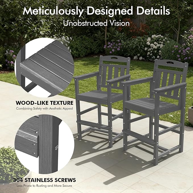 Ciokea Tall Adirondack Chair, HDPE Oversize Bar Chair with Footrest, All-Weather Outdoor Barstools with Back for Balcony, Bistro, Porch, Deck, Pool, Backyard, Grey