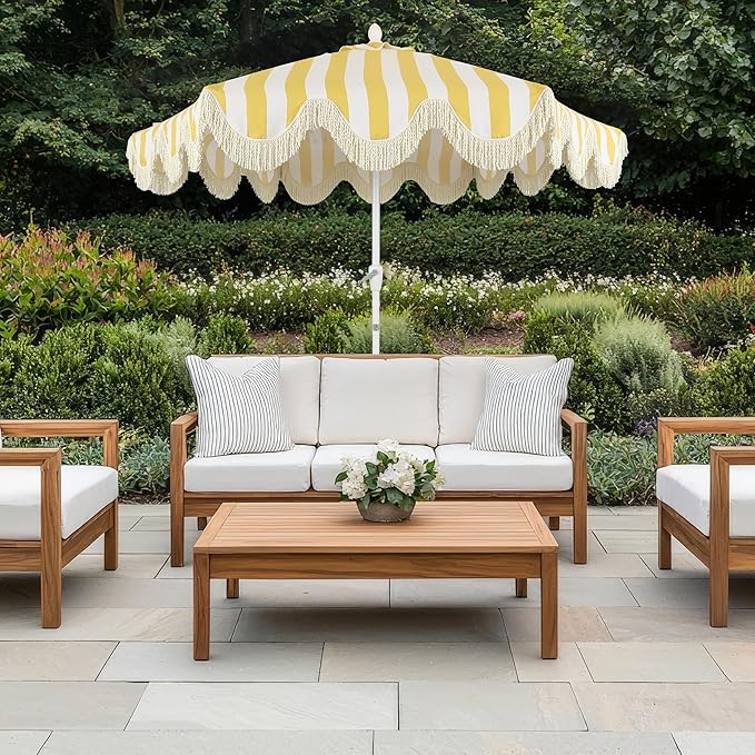 JONATHAN Y UMB1001 Collins 9 ft. Classic Cottage Tassel Market Patio Umbrella with Auto-Tilt, Crank, Wind Vent and UV Protection